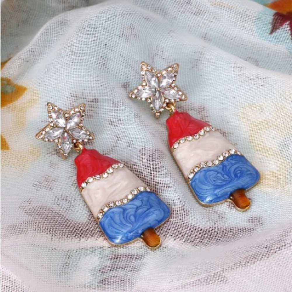 Patriotic Red White Blue Bomb Pop Popsicle Star Earrings - Picture 5 of 9